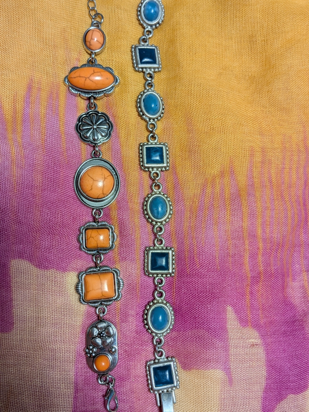 Lot of 2 Southwestern Faux Turquoise & Amber Orange Cabochon Link Bracelets